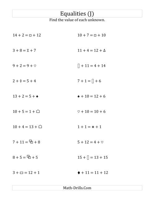 The Solving for Unknowns in Equalities with Addition (1 to 15) (J) Math Worksheet