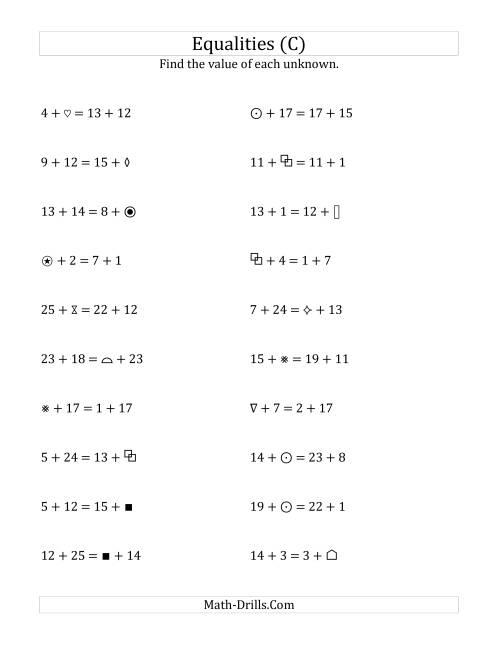 The Solving for Unknowns in Equalities with Addition (1 to 25) (C) Math Worksheet