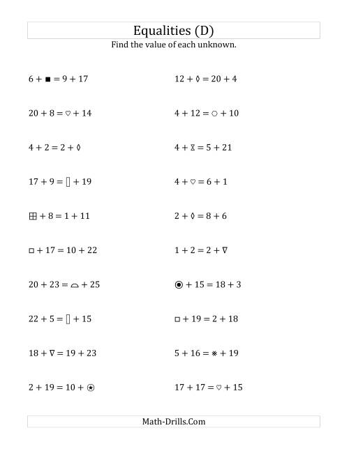 The Solving for Unknowns in Equalities with Addition (1 to 25) (D) Math Worksheet