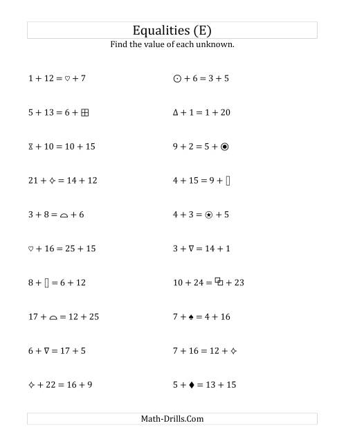 The Solving for Unknowns in Equalities with Addition (1 to 25) (E) Math Worksheet