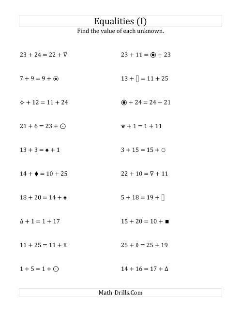 The Solving for Unknowns in Equalities with Addition (1 to 25) (I) Math Worksheet