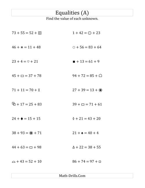 The Solving for Unknowns in Equalities with Addition (1 to 99) (A) Math Worksheet