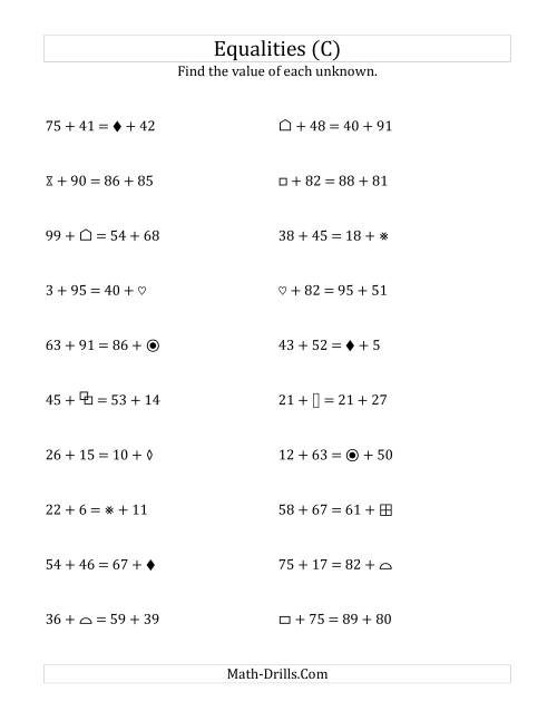 The Solving for Unknowns in Equalities with Addition (1 to 99) (C) Math Worksheet