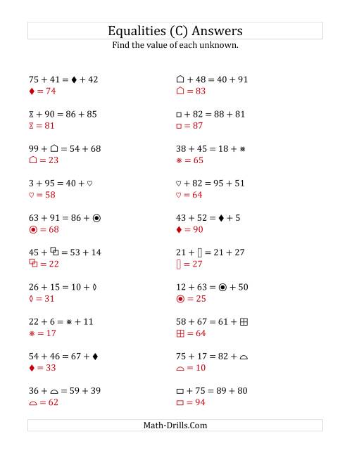 The Solving for Unknowns in Equalities with Addition (1 to 99) (C) Math Worksheet Page 2