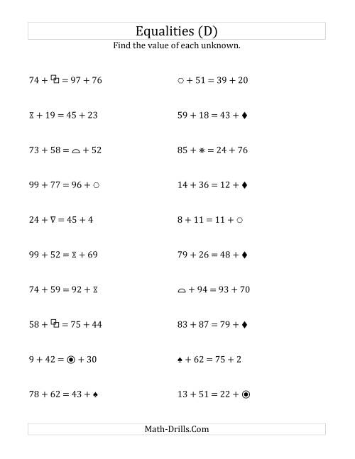 The Solving for Unknowns in Equalities with Addition (1 to 99) (D) Math Worksheet