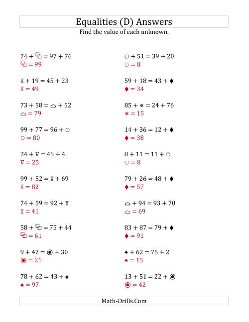 The Solving for Unknowns in Equalities with Addition (1 to 99) (D) Math Worksheet Page 2