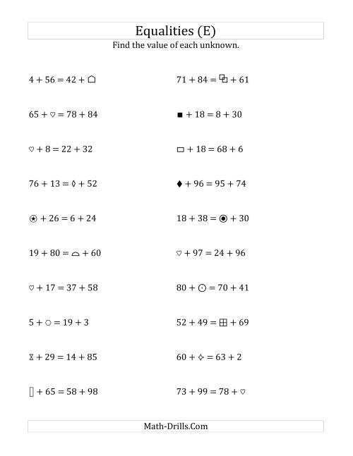 The Solving for Unknowns in Equalities with Addition (1 to 99) (E) Math Worksheet