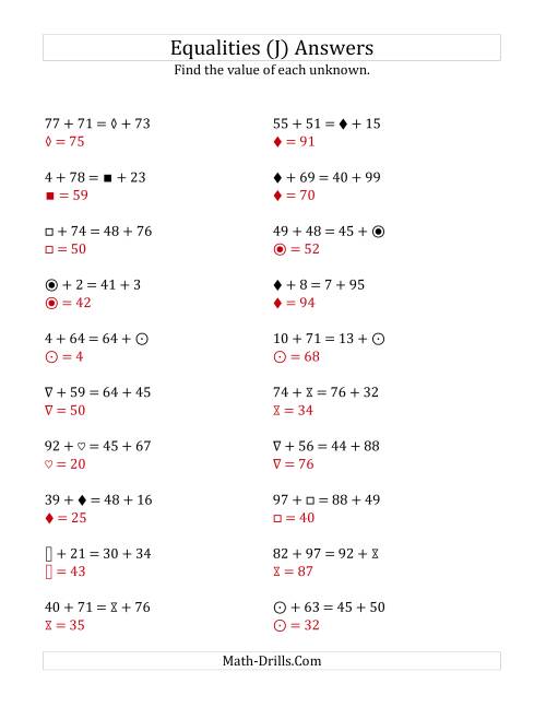 The Solving for Unknowns in Equalities with Addition (1 to 99) (J) Math Worksheet Page 2