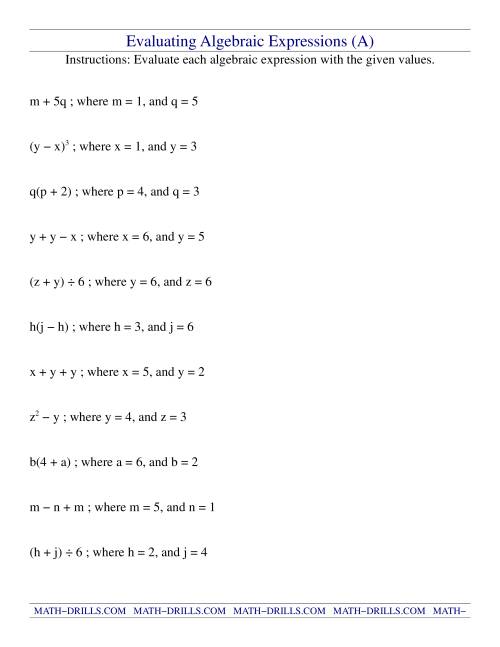 The Evaluating Algebraic Expressions (A) Math Worksheet