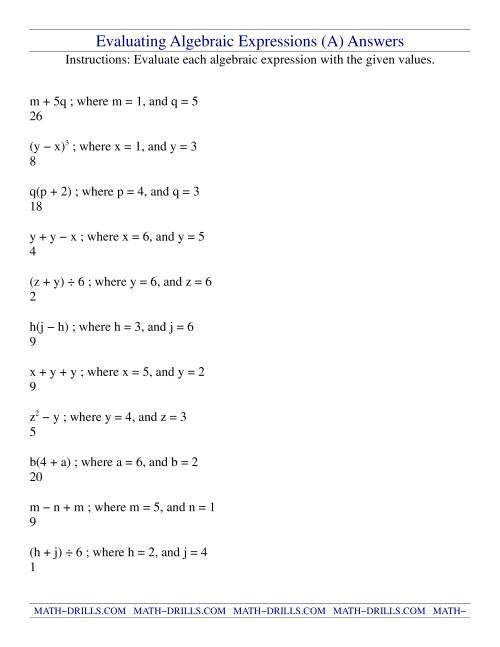 The Evaluating Algebraic Expressions (A) Math Worksheet Page 2
