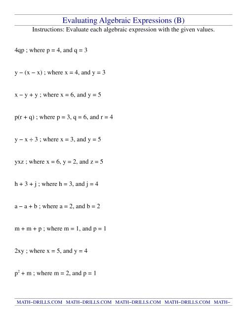 The Evaluating Algebraic Expressions (B) Math Worksheet