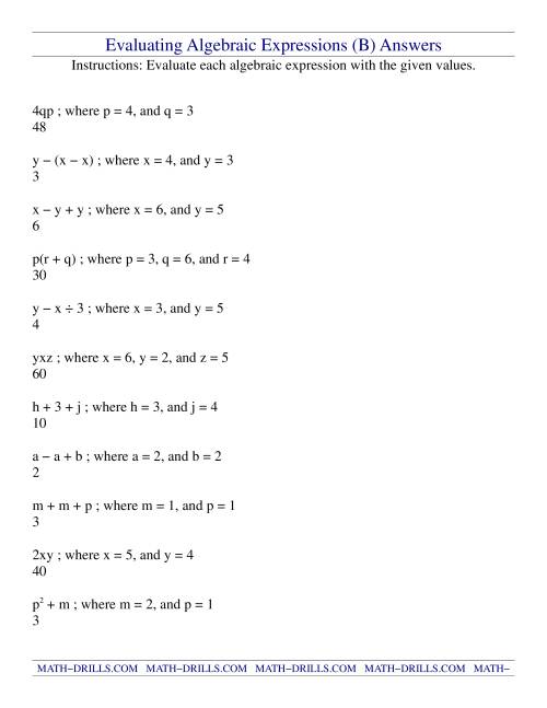 The Evaluating Algebraic Expressions (B) Math Worksheet Page 2