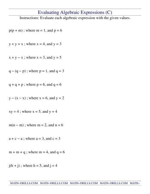 The Evaluating Algebraic Expressions (C) Math Worksheet