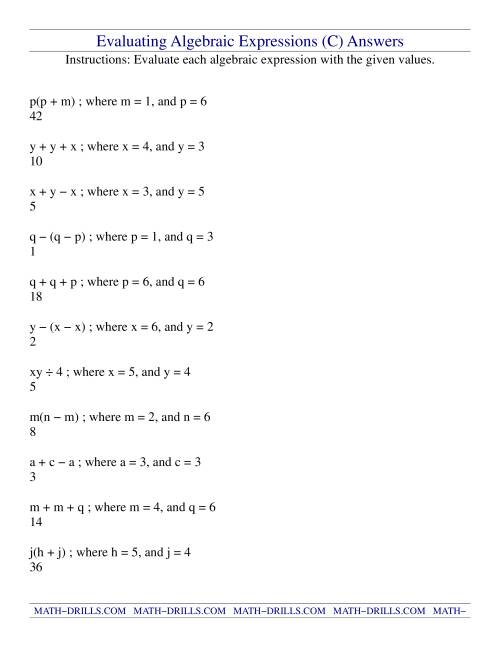 The Evaluating Algebraic Expressions (C) Math Worksheet Page 2