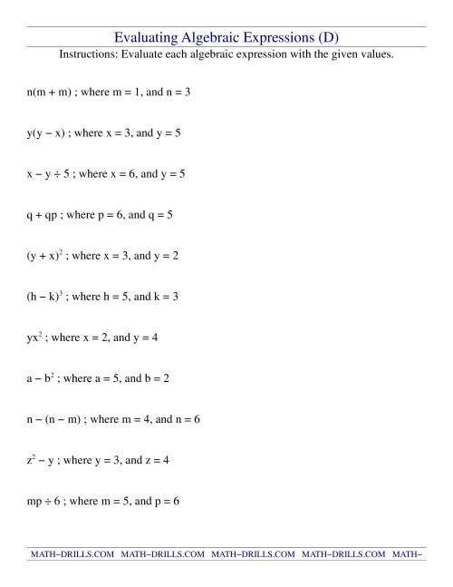 The Evaluating Algebraic Expressions (D) Math Worksheet