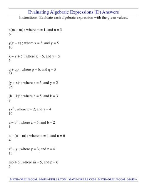 The Evaluating Algebraic Expressions (D) Math Worksheet Page 2