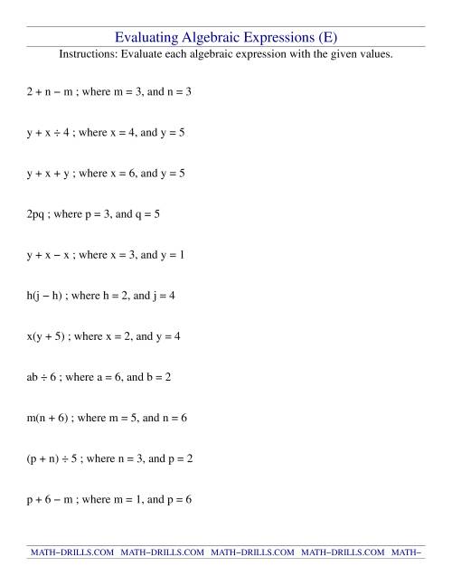 The Evaluating Algebraic Expressions (E) Math Worksheet