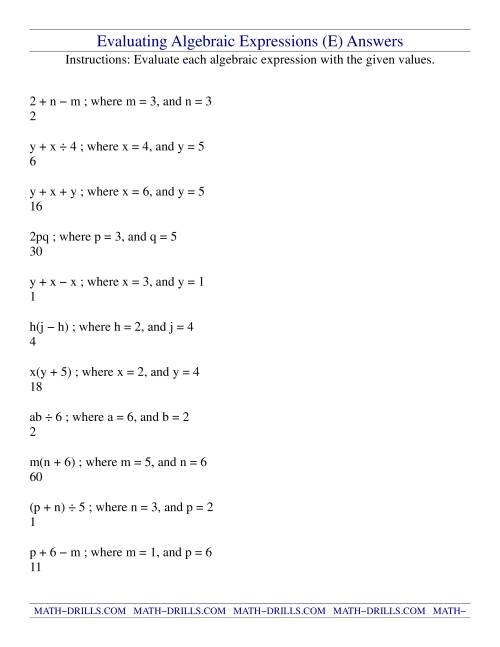The Evaluating Algebraic Expressions (E) Math Worksheet Page 2