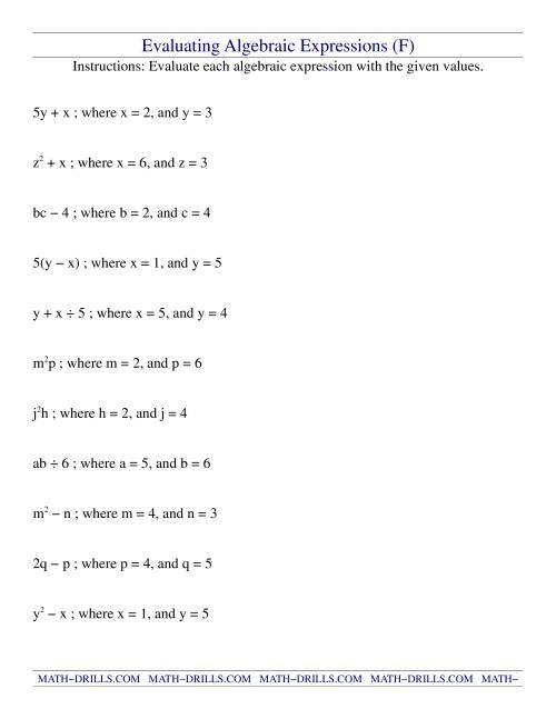 The Evaluating Algebraic Expressions (F) Math Worksheet
