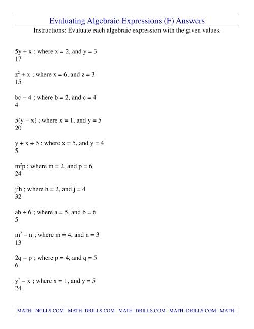 The Evaluating Algebraic Expressions (F) Math Worksheet Page 2