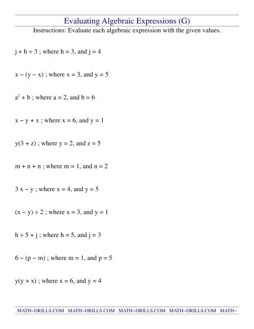 The Evaluating Algebraic Expressions (G) Math Worksheet