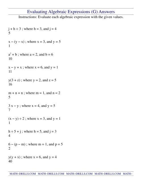 The Evaluating Algebraic Expressions (G) Math Worksheet Page 2