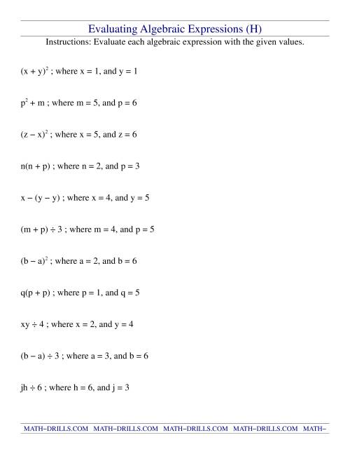 The Evaluating Algebraic Expressions (H) Math Worksheet