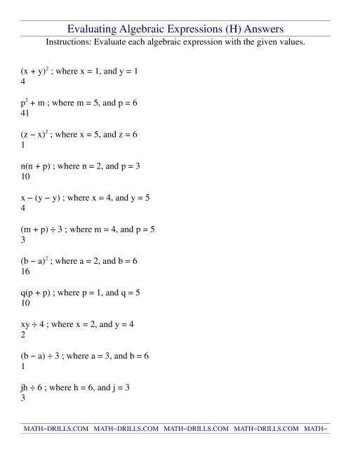 The Evaluating Algebraic Expressions (H) Math Worksheet Page 2