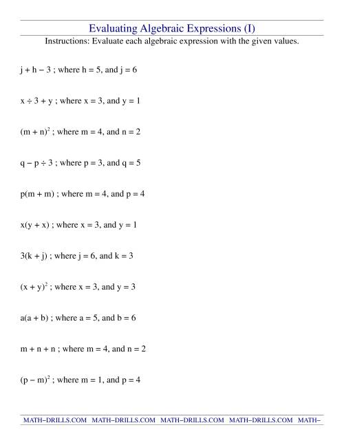 The Evaluating Algebraic Expressions (I) Math Worksheet
