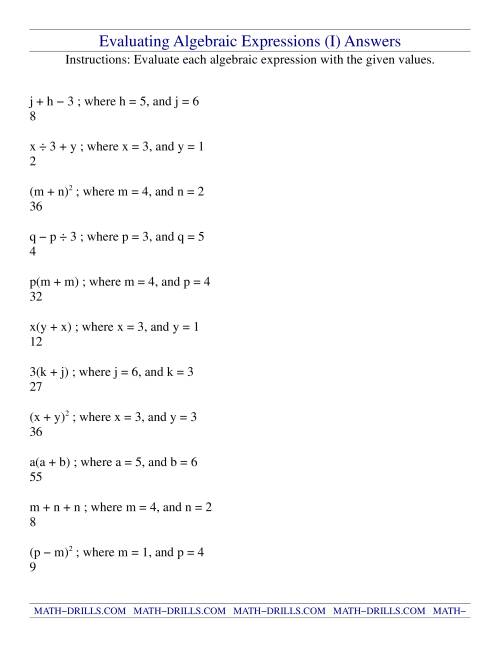 The Evaluating Algebraic Expressions (I) Math Worksheet Page 2
