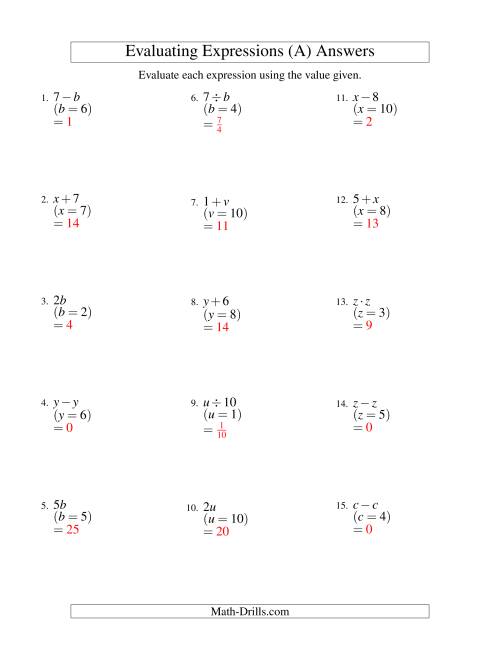 The Evaluating One-Step Algebraic Expressions with One Variable (A) Math Worksheet Page 2
