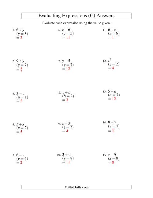 The Evaluating One-Step Algebraic Expressions with One Variable (C) Math Worksheet Page 2