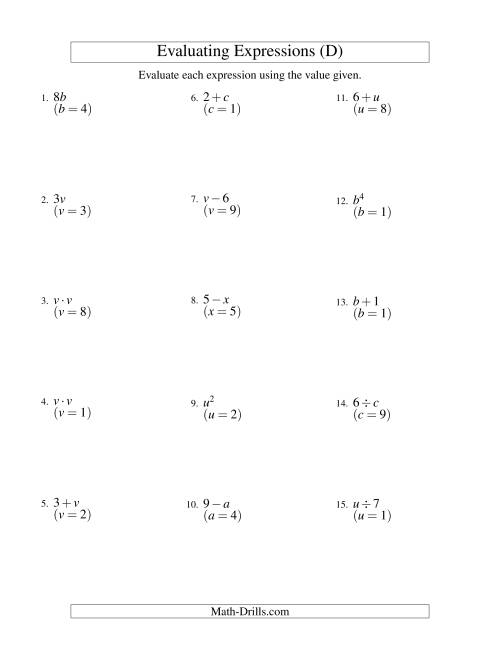 The Evaluating One-Step Algebraic Expressions with One Variable (D) Math Worksheet