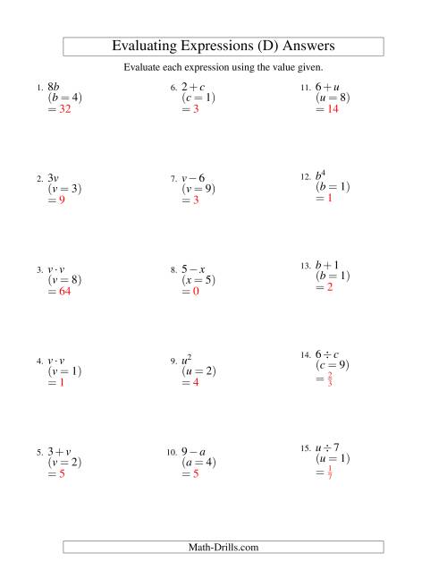 The Evaluating One-Step Algebraic Expressions with One Variable (D) Math Worksheet Page 2
