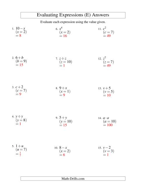 The Evaluating One-Step Algebraic Expressions with One Variable (E) Math Worksheet Page 2