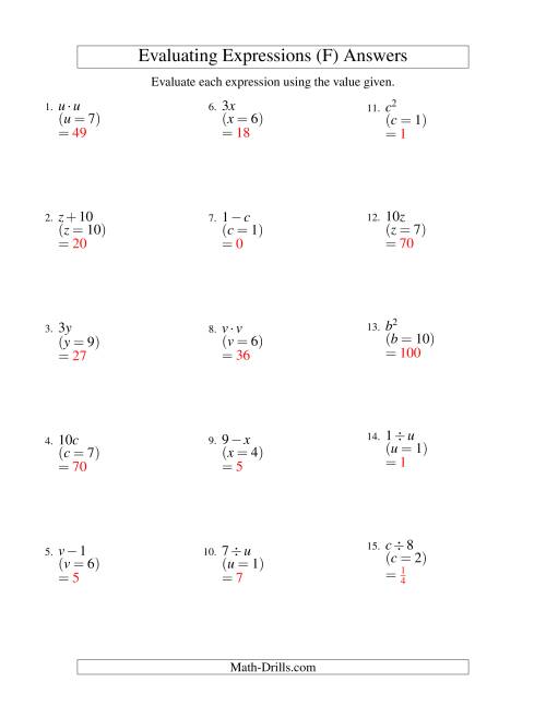 The Evaluating One-Step Algebraic Expressions with One Variable (F) Math Worksheet Page 2