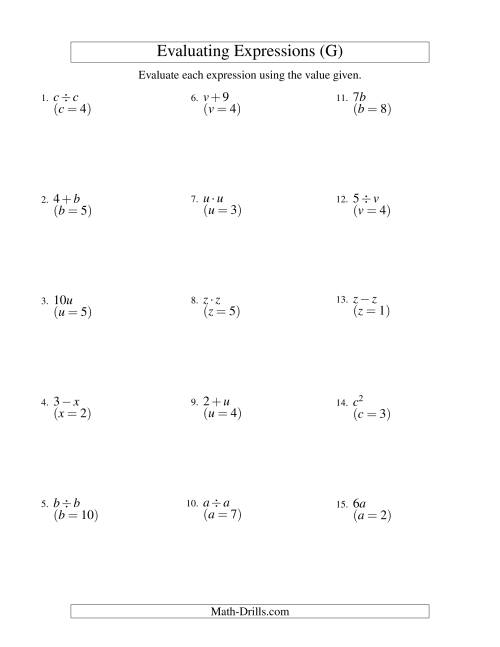 The Evaluating One-Step Algebraic Expressions with One Variable (G) Math Worksheet