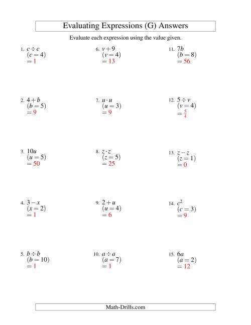 The Evaluating One-Step Algebraic Expressions with One Variable (G) Math Worksheet Page 2