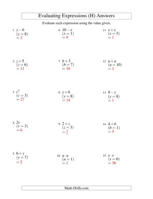 The Evaluating One-Step Algebraic Expressions with One Variable (H) Math Worksheet Page 2