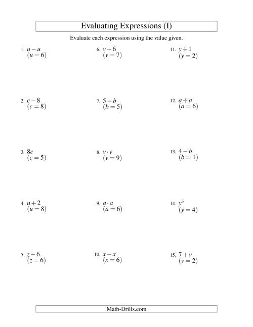 The Evaluating One-Step Algebraic Expressions with One Variable (I) Math Worksheet