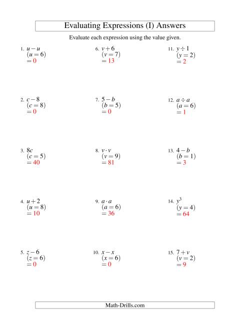 The Evaluating One-Step Algebraic Expressions with One Variable (I) Math Worksheet Page 2