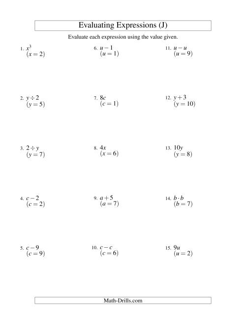 The Evaluating One-Step Algebraic Expressions with One Variable (J) Math Worksheet
