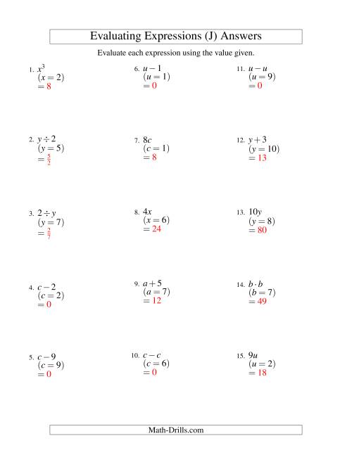The Evaluating One-Step Algebraic Expressions with One Variable (J) Math Worksheet Page 2