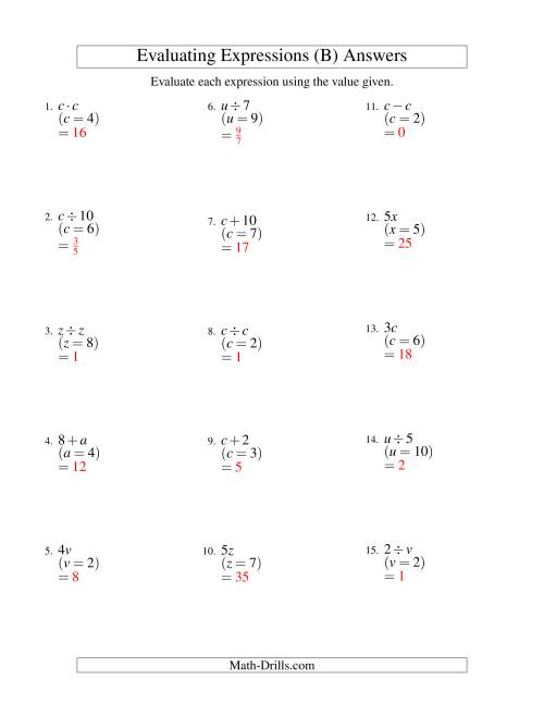 The Evaluating One-Step Algebraic Expressions with One Variable and No Exponents (B) Math Worksheet Page 2