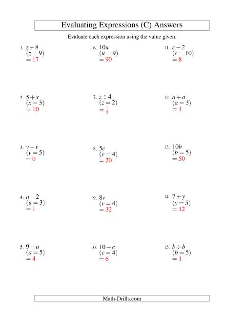 The Evaluating One-Step Algebraic Expressions with One Variable and No Exponents (C) Math Worksheet Page 2