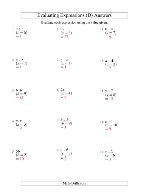 The Evaluating One-Step Algebraic Expressions with One Variable and No Exponents (D) Math Worksheet Page 2