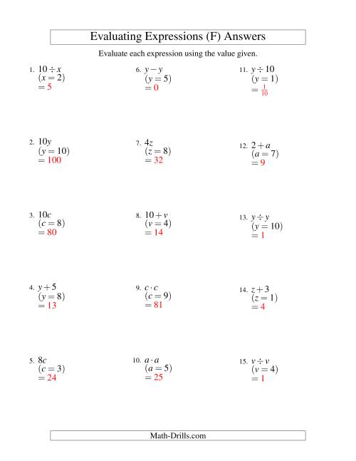 The Evaluating One-Step Algebraic Expressions with One Variable and No Exponents (F) Math Worksheet Page 2