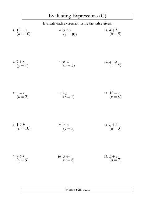 The Evaluating One-Step Algebraic Expressions with One Variable and No Exponents (G) Math Worksheet