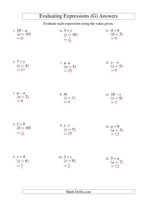 The Evaluating One-Step Algebraic Expressions with One Variable and No Exponents (G) Math Worksheet Page 2