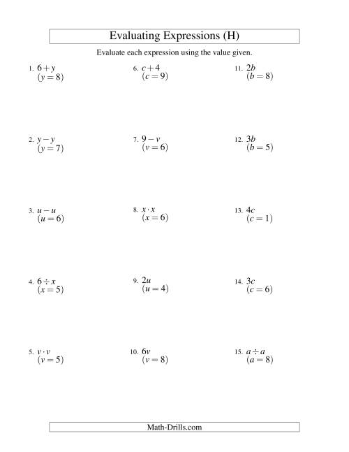 The Evaluating One-Step Algebraic Expressions with One Variable and No Exponents (H) Math Worksheet